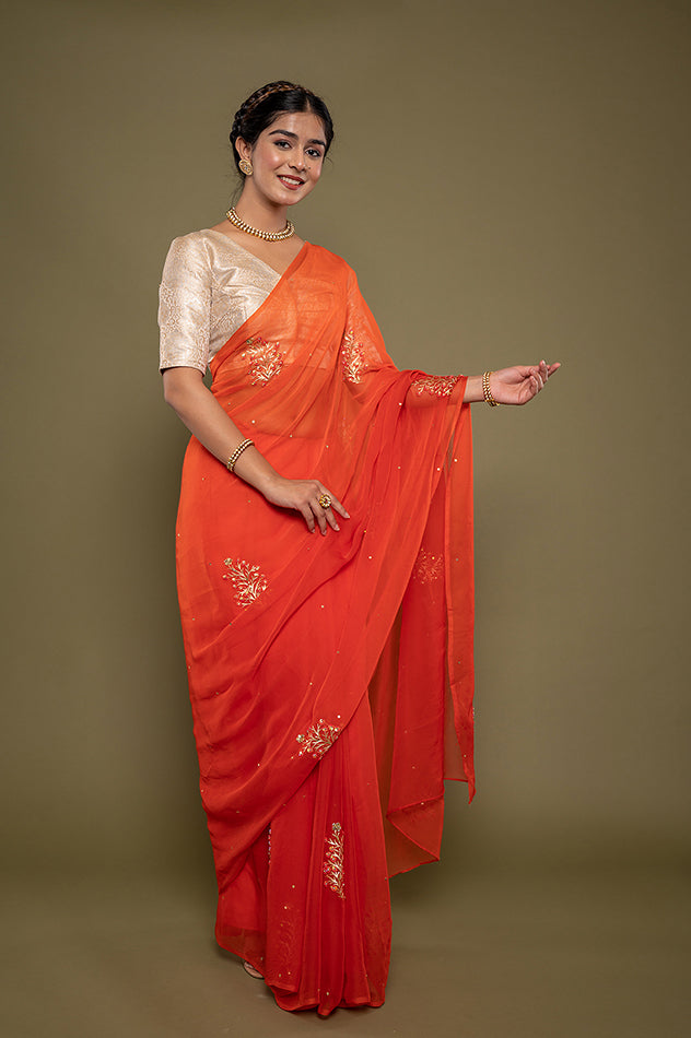 Orange light dark viscose chiffon aari sequins motif handwork saree