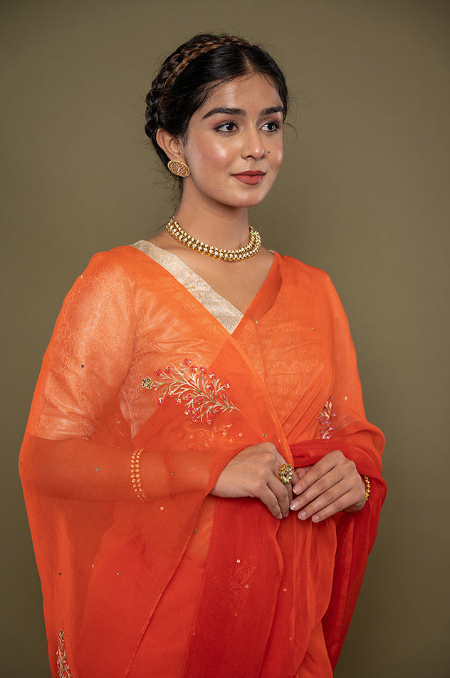 Orange light dark viscose chiffon aari sequins motif handwork saree