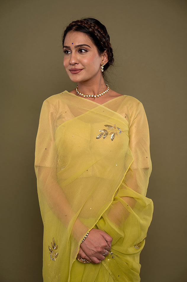 neon green viscose chiffon aari sequins motif handwork saree