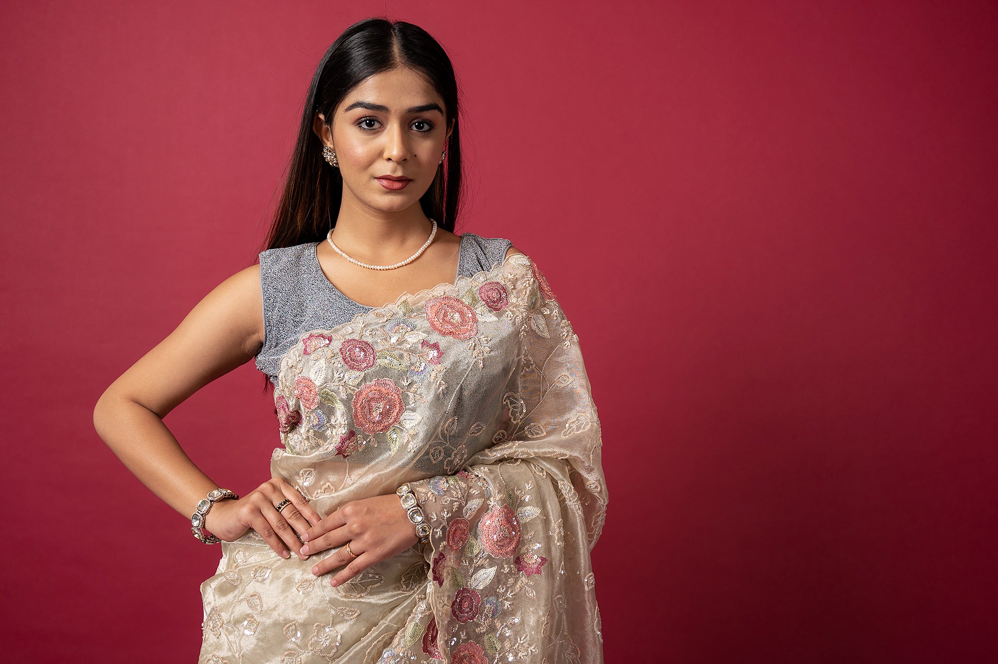 cream Tissue organza fancy sequins  handwork saree