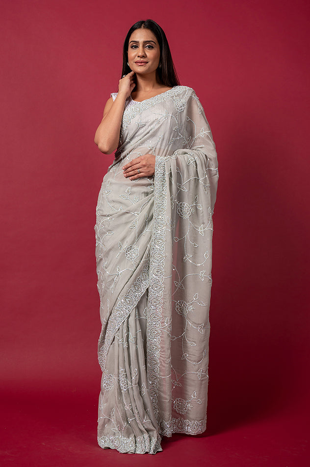 grey pure opara silk sequins border butti jaal handwork saree