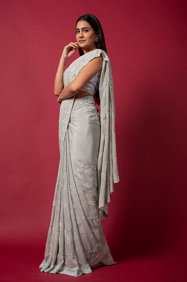 grey pure opara silk sequins border butti jaal handwork saree