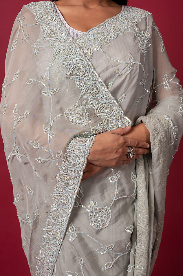grey pure opara silk sequins border butti jaal handwork saree