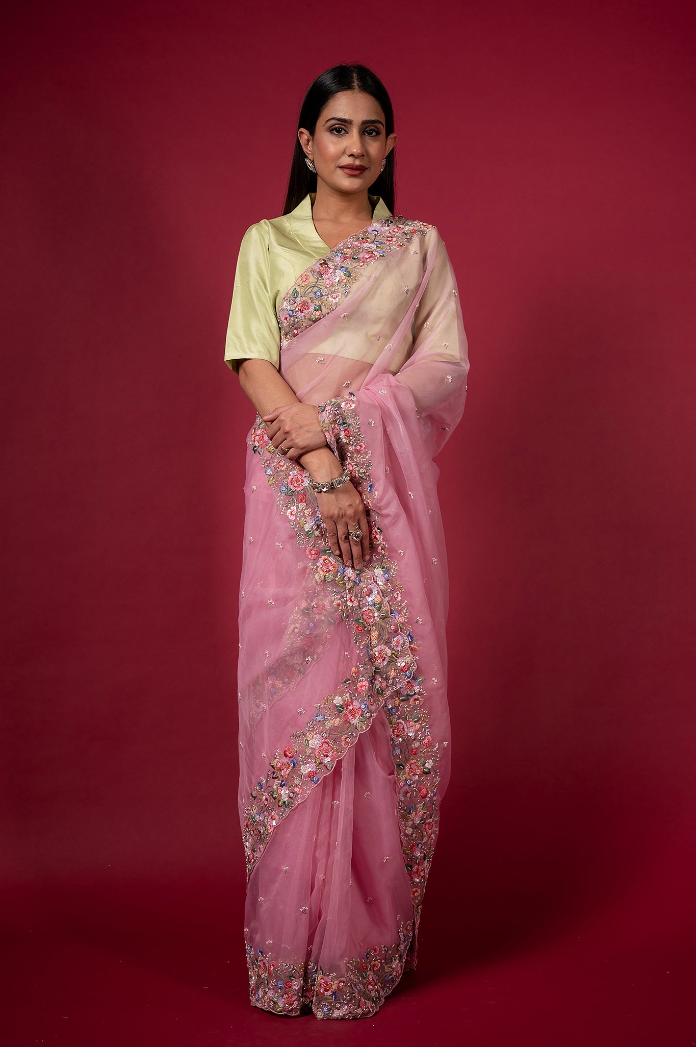Pink Organza Resham Sequins Pearl Border Booti Handwork Saree