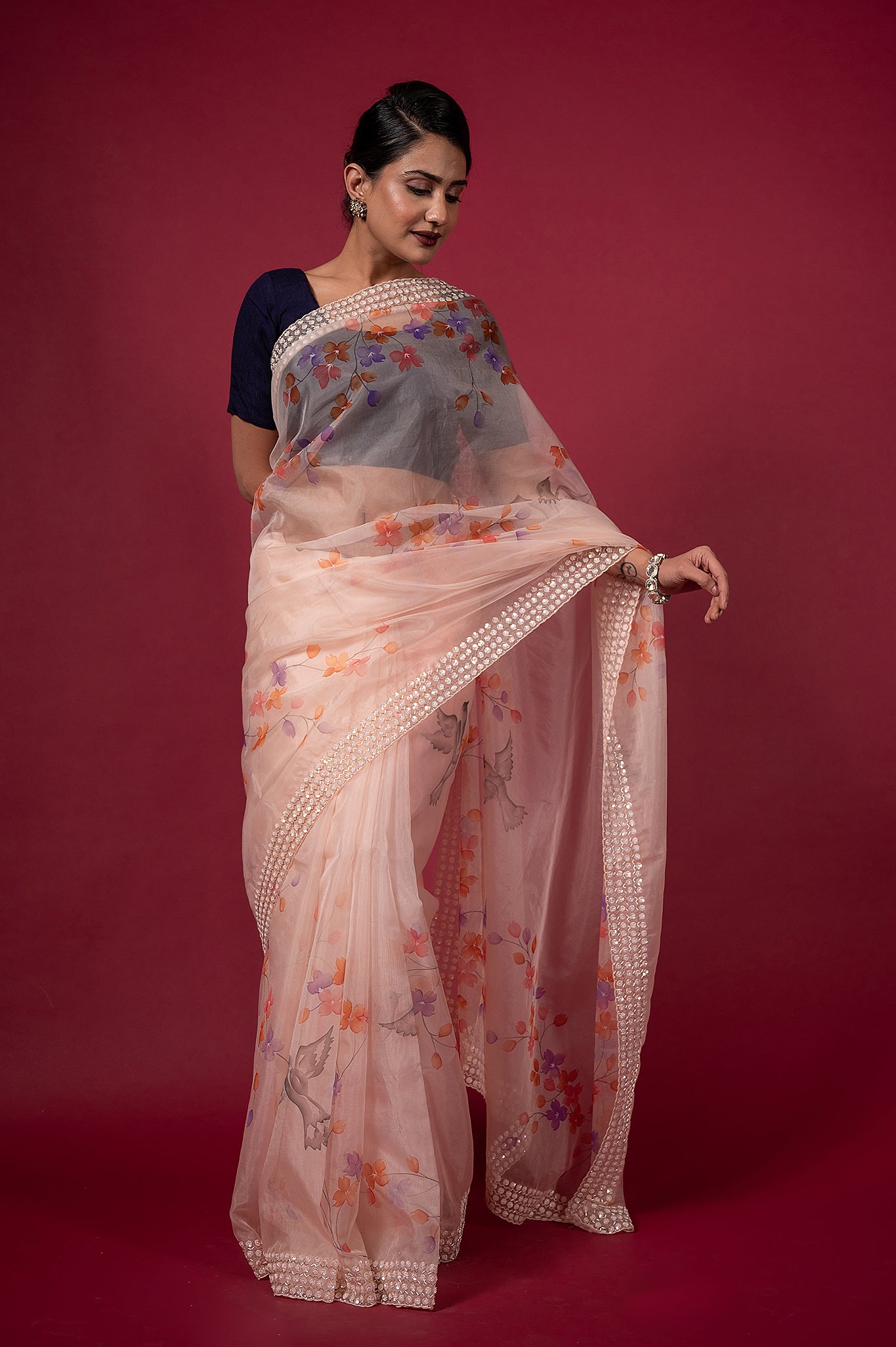 Peach Organza Printed Sequins Kardana Border Handwork Saree