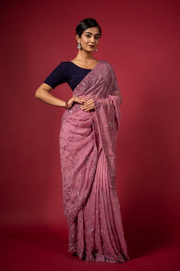 Purple Pink Organza Imported Sequins Border & Jaal Handwork Saree