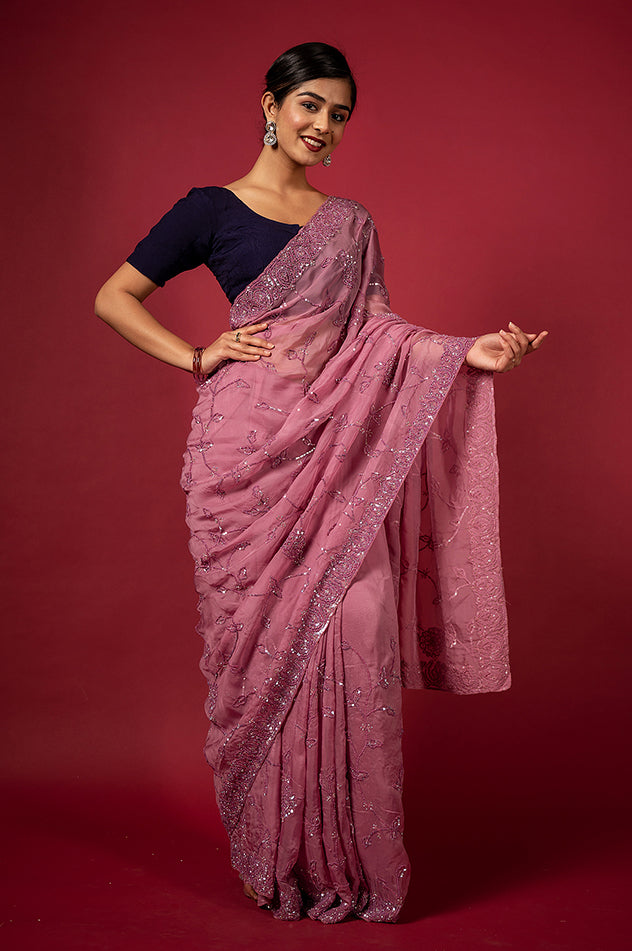 Purple Pink Organza Imported Sequins Border & Jaal Handwork Saree