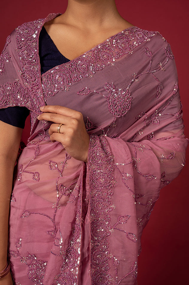 Purple Pink Organza Imported Sequins Border & Jaal Handwork Saree