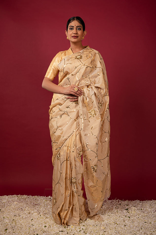 Golden pure tissue aari sequins jaal handwork saree