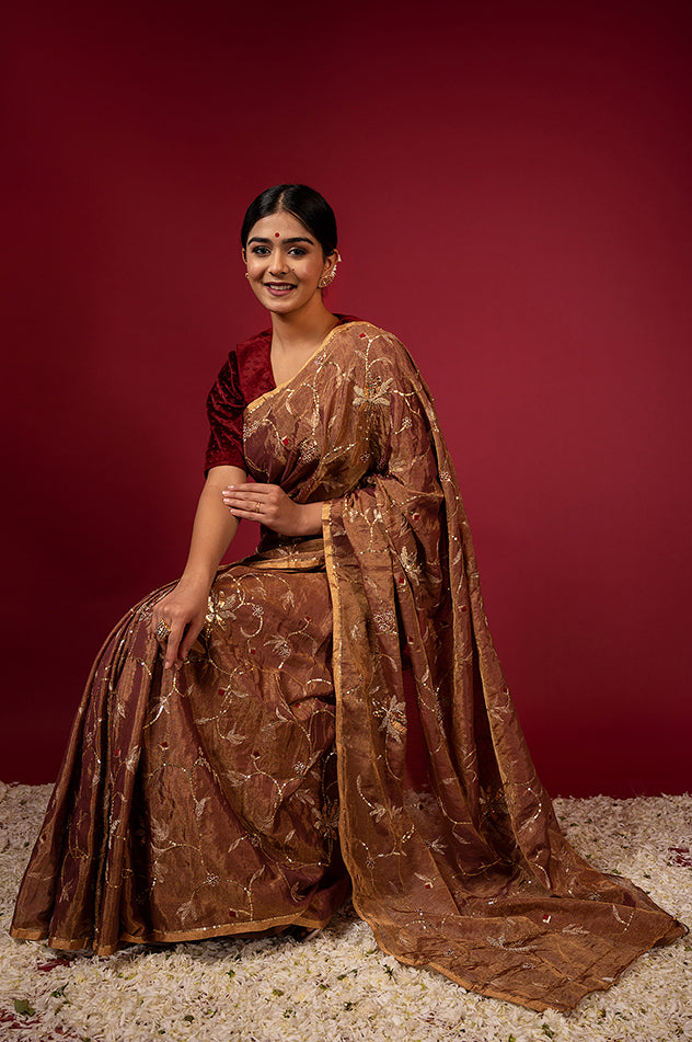 Chocolate brown pure tissue zardozi sequins jaal handwork saree