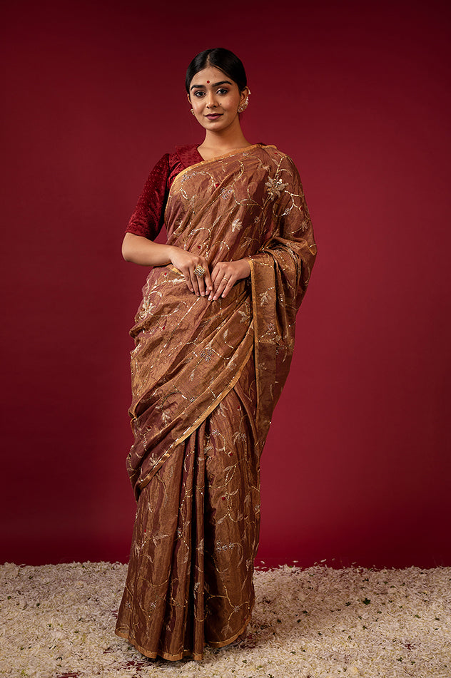 Chocolate brown pure tissue zardozi sequins jaal handwork saree