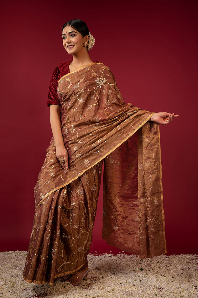 Chocolate brown pure tissue zardozi sequins jaal handwork saree