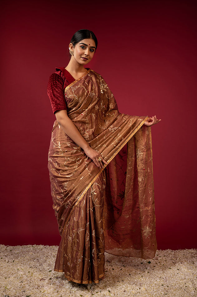 Chocolate brown pure tissue zardozi sequins jaal handwork saree
