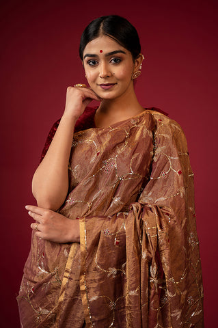 Handloom Tissue Rust Saree