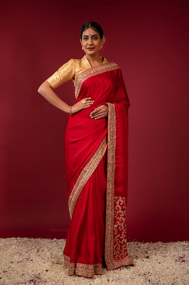 royal red pure silk Satin zardozi border pala jaal handwork saree