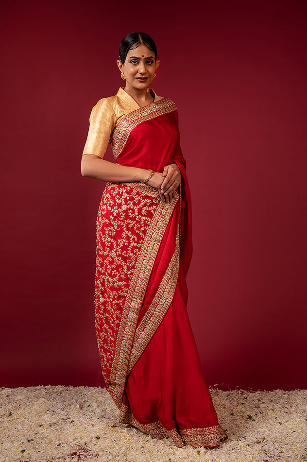 royal red pure silk Satin zardozi border pala jaal handwork saree