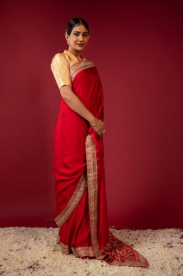 royal red pure silk Satin zardozi border pala jaal handwork saree