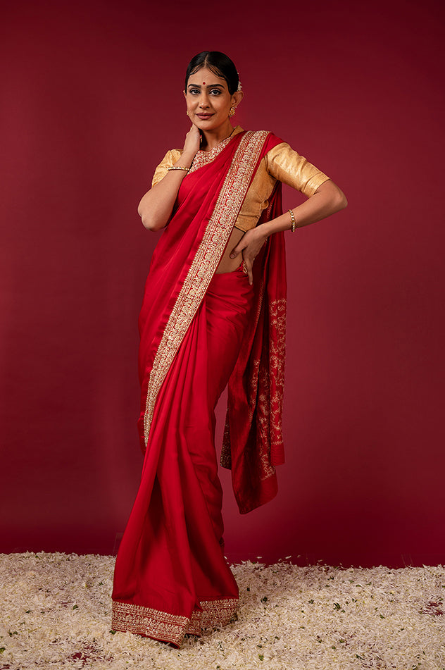 royal red pure silk Satin zardozi border pala jaal handwork saree