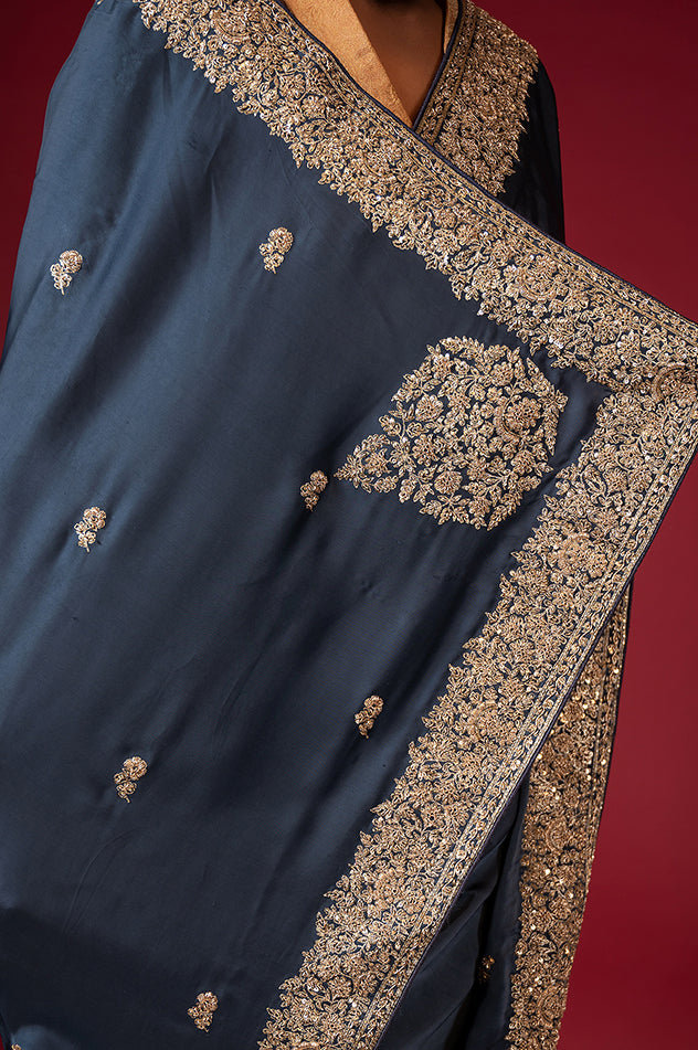 light navy blue pure silk Satin zardozi border butti handwork saree