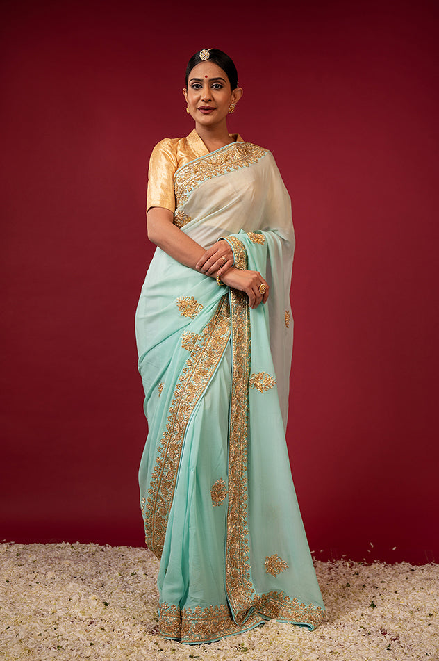 Sea Green  pure chiffon zardozi border butti handwork saree