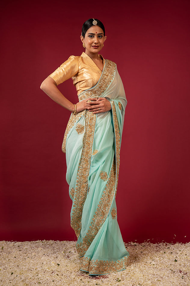 Sea Green  pure chiffon zardozi border butti handwork saree
