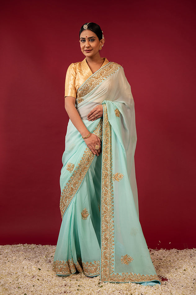 Sea Green  pure chiffon zardozi border butti handwork saree
