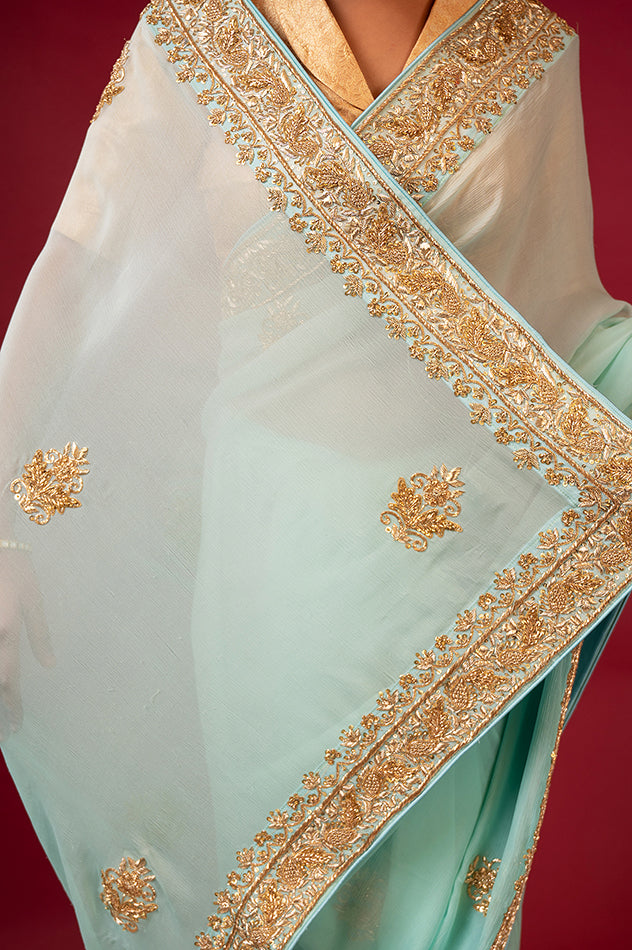 Sea Green  pure chiffon zardozi border butti handwork saree