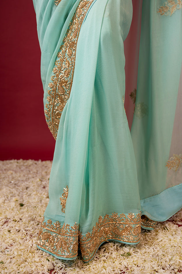 Sea Green  pure chiffon zardozi border butti handwork saree