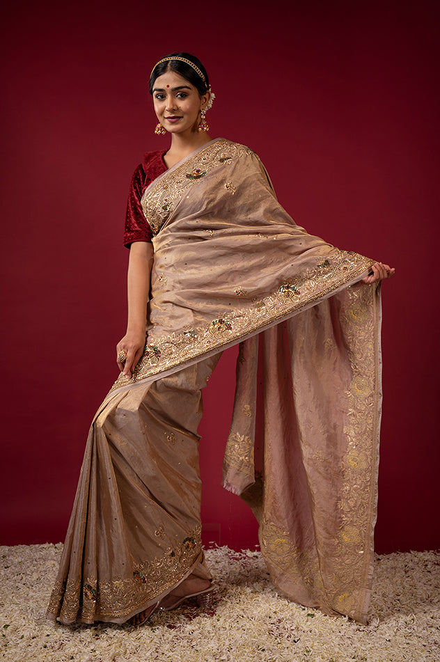 light golden brown pure tissue zardozi sequins border butti handwork saree