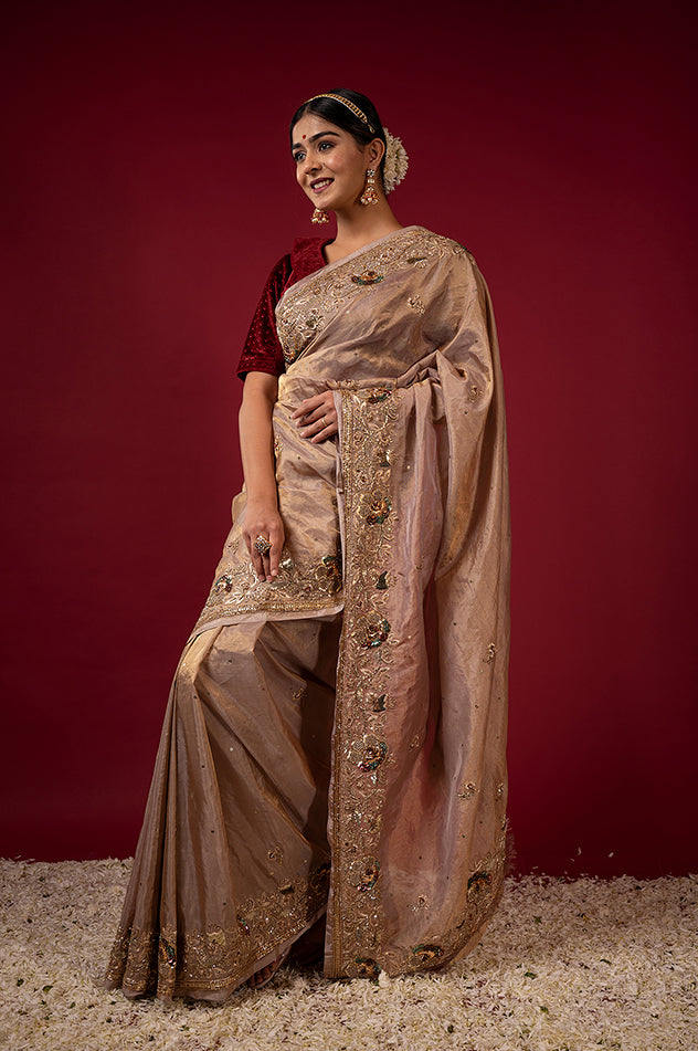 light golden brown pure tissue zardozi sequins border butti handwork saree