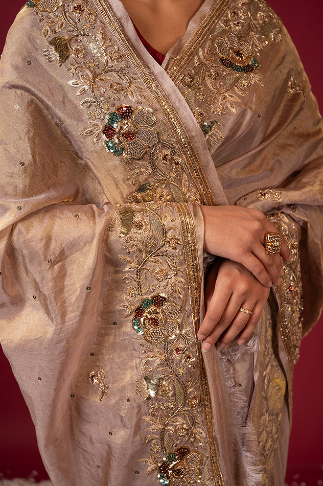 light golden brown pure tissue zardozi sequins border butti handwork saree