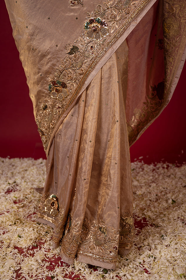 light golden brown pure tissue zardozi sequins border butti handwork saree