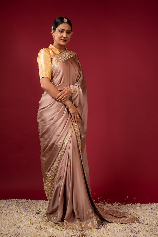 light golden brown pure silk Satin zardozi border butti handwork saree