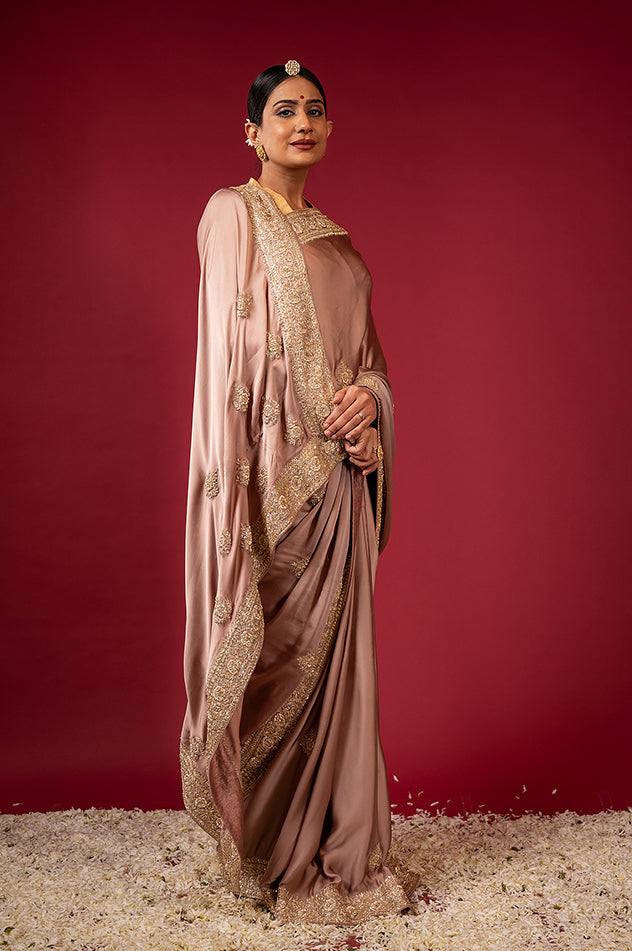 light golden brown pure silk Satin zardozi border butti handwork saree
