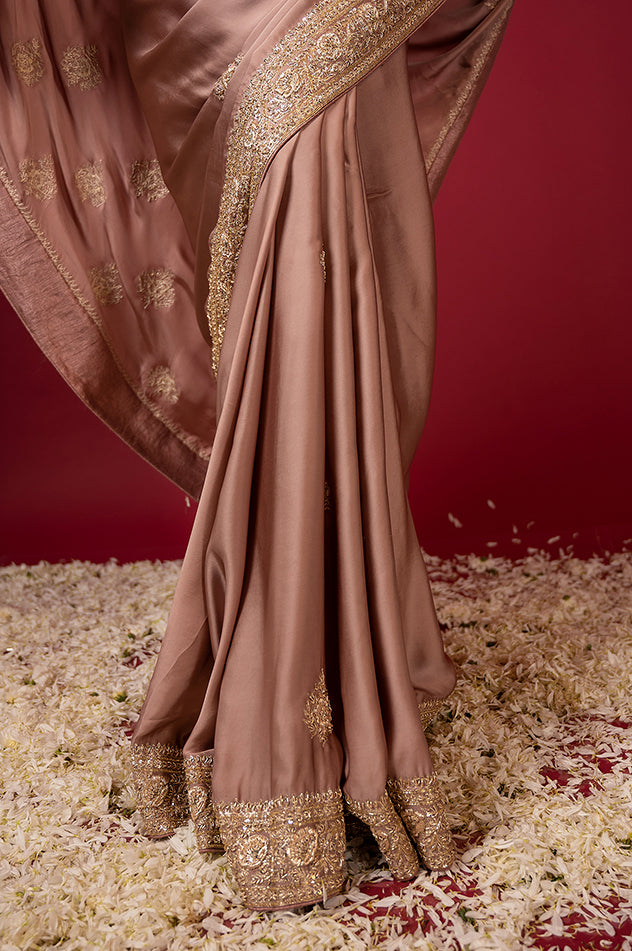 light golden brown pure silk Satin zardozi border butti handwork saree