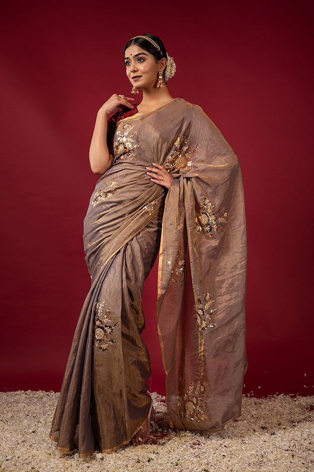 brownish grey pure tissue aari badla sequins motif handwork saree