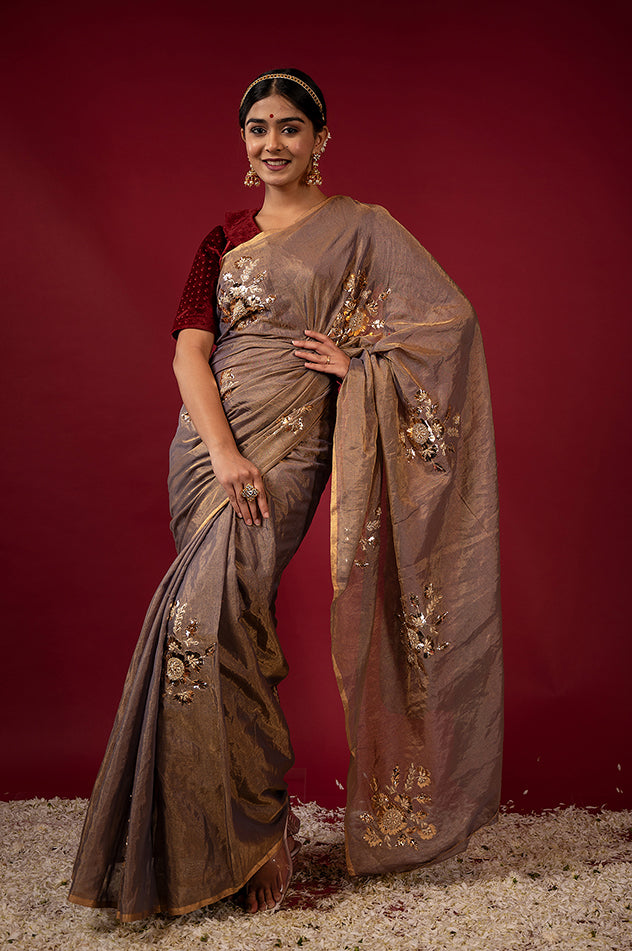 brownish grey pure tissue aari badla sequins motif handwork saree