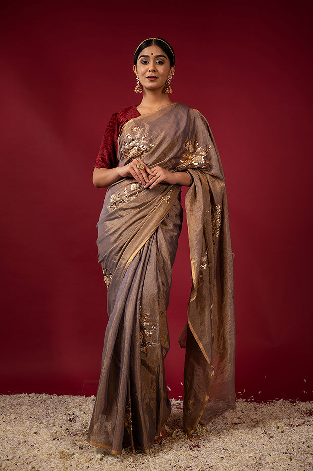 brownish grey pure tissue aari badla sequins motif handwork saree