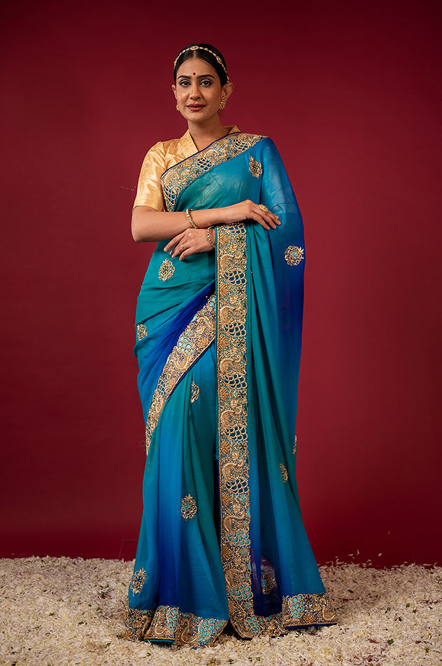 peacock blue pure chiffon aari zardozi resham border butti handwork saree