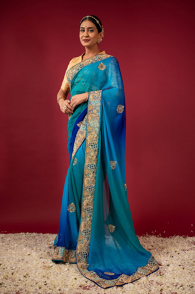peacock blue pure chiffon aari zardozi resham border butti handwork saree