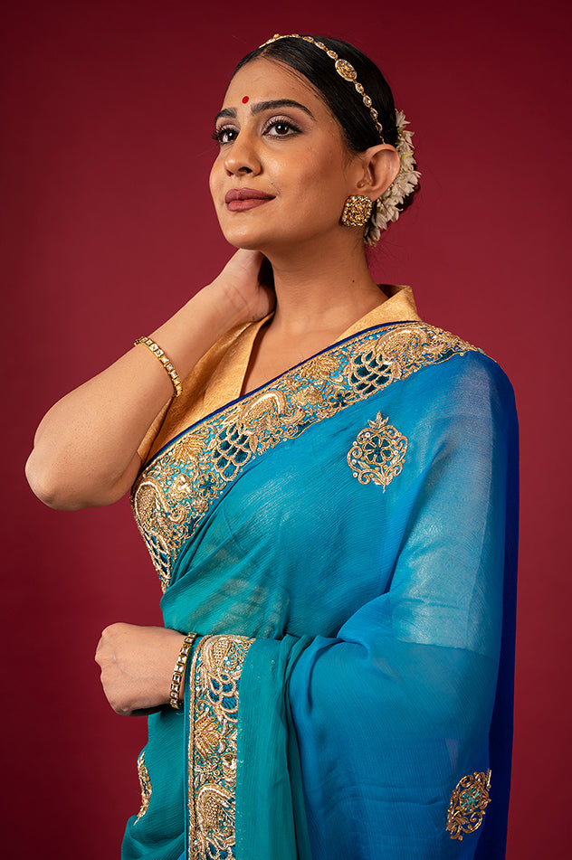 peacock blue pure chiffon aari zardozi resham border butti handwork saree