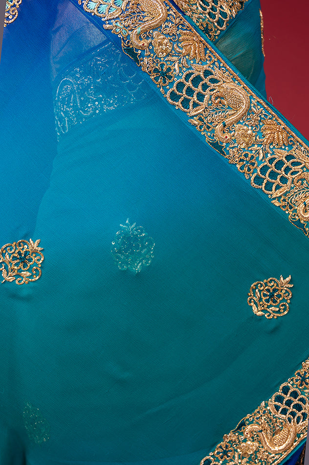 peacock blue pure chiffon aari zardozi resham border butti handwork saree