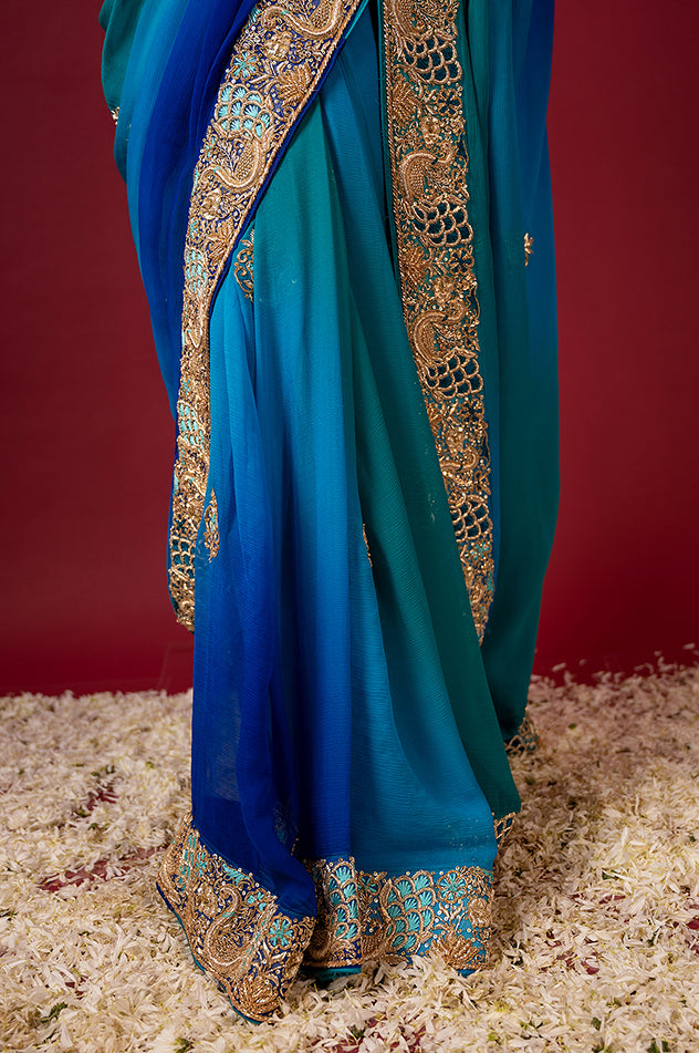 peacock blue pure chiffon aari zardozi resham border butti handwork saree