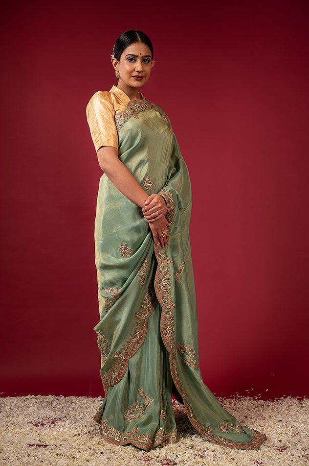 gray teal Pure Tissue zardozi border butti handwork saree