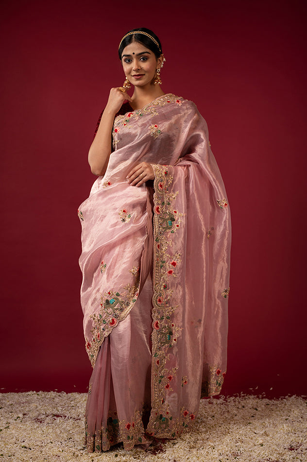 light pink Pure Tissue zardozi resham border butti handwork saree
