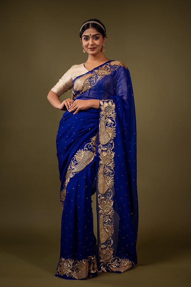 Royal blue pure chiffon aari cut work border butti handwork saree