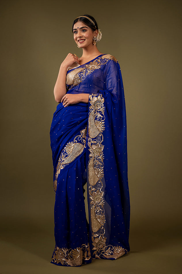 Royal blue pure chiffon aari cut work border butti handwork saree