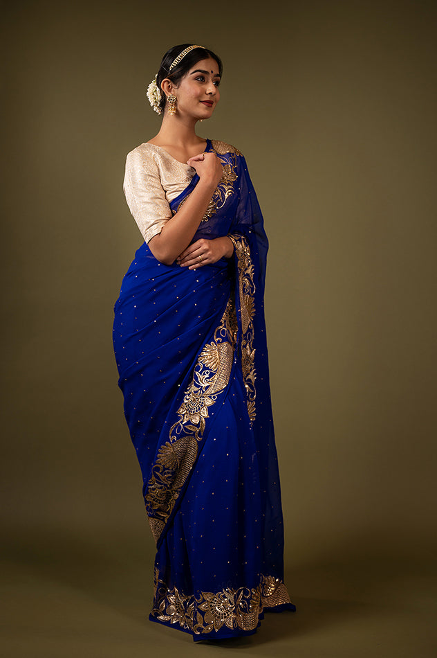 Royal blue pure chiffon aari cut work border butti handwork saree