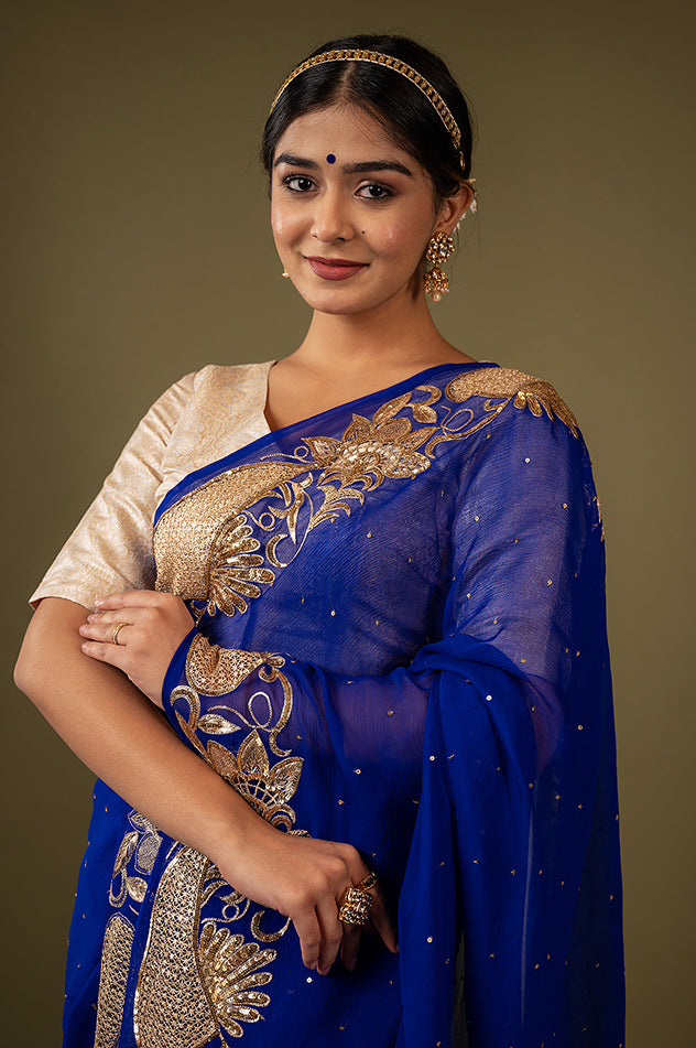 Royal blue pure chiffon aari cut work border butti handwork saree