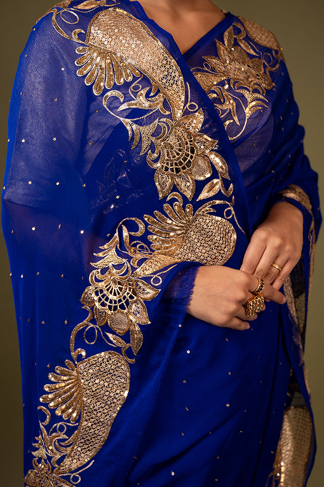 Royal blue pure chiffon aari cut work border butti handwork saree